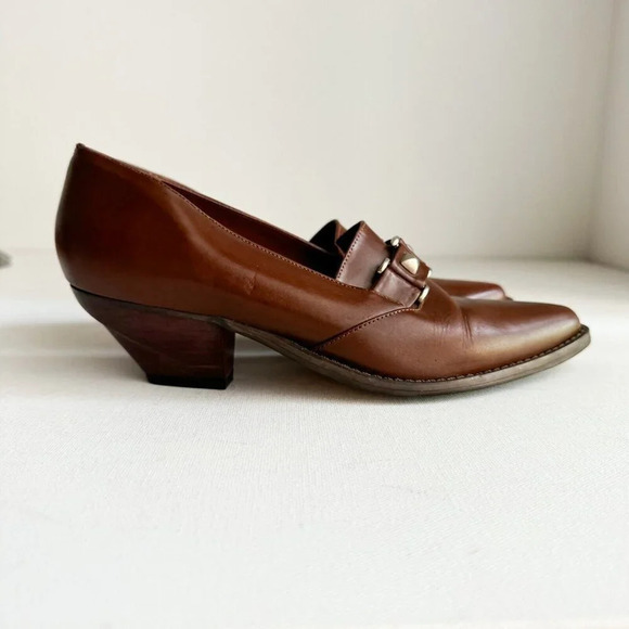 Vintage Leather Tucci Made in Italy Brown Unique Heel Loafers Shoeties 8 - Picture 2 of 15